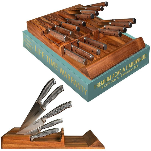 EDGE LINE In-Drawer Knife Block Acacia Wood Kitchen Knife Drawer Organizer, Large Steak Knife Holder Without Knifes, Fit For 16 Knifes and 1 Knife Sharpener, Deep Slots for Large Kitchen Set Knifes