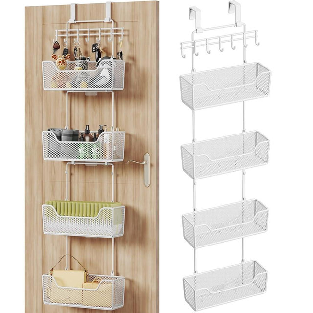 HapiRm Over Door Organizer Storage - Hanging Door Organizer with 4 Metal Large Capacity Baskets and Adjustable Coat Hook for Bathroom Bedroom Kitchen Pantry Closet Cabinet