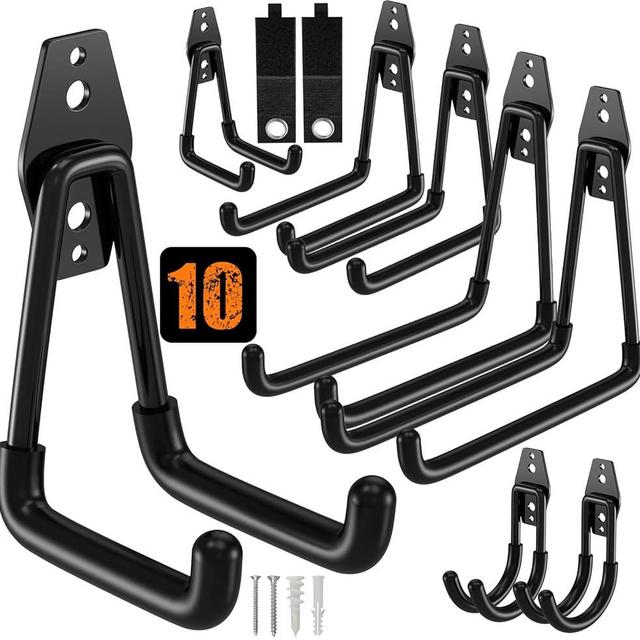 QcoQce 10 Pack Garage Hooks Heavy Duty with 2 Extension Cord Straps,Garage Storage Hooks, Wall Mount Hooks, Garage Organization and Tool Hangers for Bike, Ladder, Ropes and Garden Tools