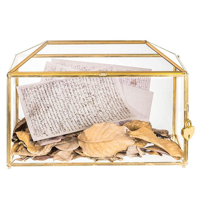 NCYP 12.6" Large Geometric Glass Card Box with Slot and Heart Lock, Foot, Gold Handmade Brass Terrarium Container for Wedding Reception, Wishwell, Keepsake Centerpiece (Glass Box Only)