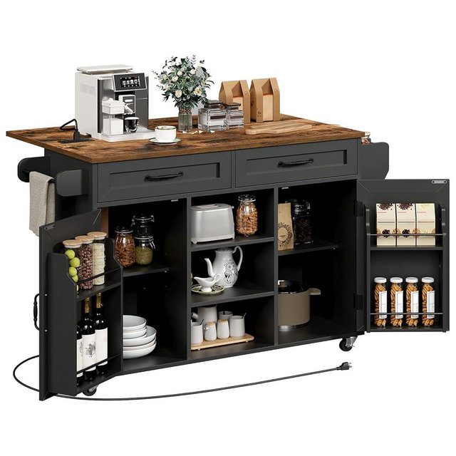 RALGEND Kitchen Island with Power Outlets & Drop Leaf, Kitchen Cart with Storage, Drawer and Spice Rack, Tower Rack, Island Table, Black and Rustic Brown