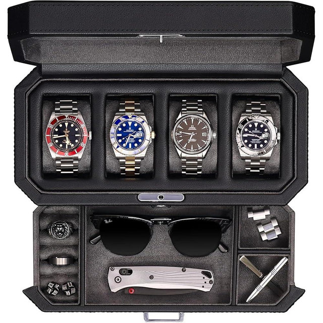 ROTHWELL 4 Slot Leather Watch Box with Valet Drawer - Luxury Case Display Jewelry Organizer, Locking Display Case Holder with Real Glass Top - Watch Box Organizer for Men & Women (Grey)