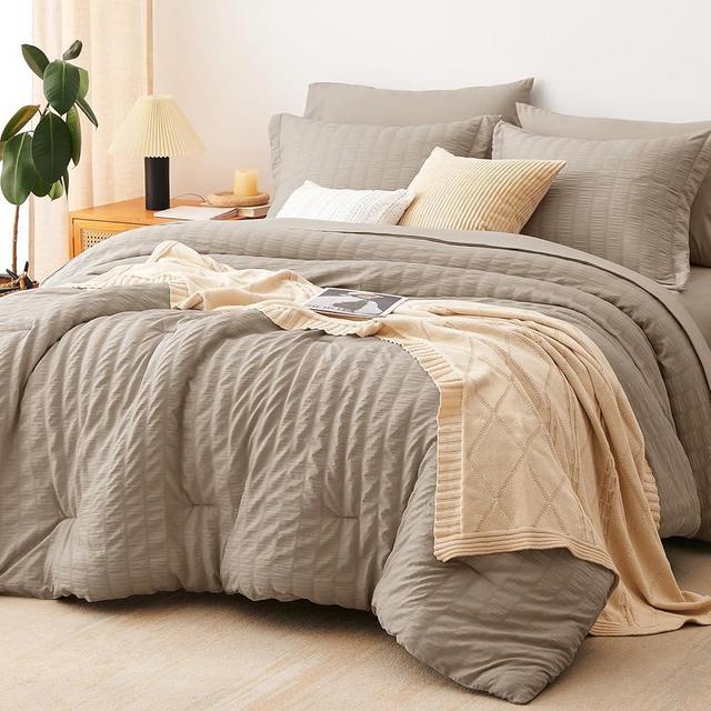 CozyLux Full Seersucker Comforter Set with Sheets Khaki Bed in a Bag 7-Pieces All Season Bedding Sets with Comforter, Pillow Sham, Flat Sheet, Fitted Sheet, Pillowcase