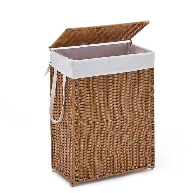 LGENHOOM Slim Wicker Laundry Hamper with Lid, 55L Handwoven Rattan Basket with Handles, Narrow Laundry Basket with Removable Liner Bag & 2 Mesh Bags
