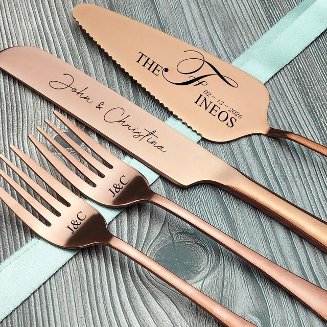 Personalized Wedding Cake Knife Server Set, Cutsom Stainless Steel Server & Forks
