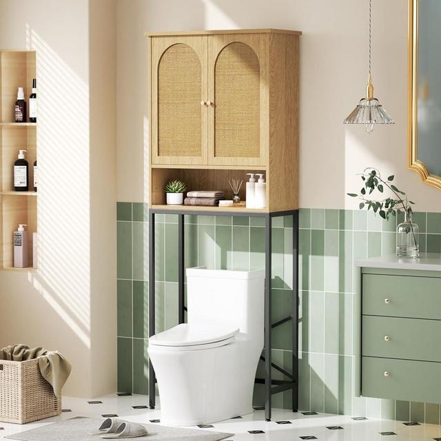 Rattan Toilet Storage Cabinet, Over the Rack Wood Cabinet with Metal Stand, Bathroom Organizer with Adjustable Shelf, Tall Freestanding Washer Shelf, Small Cupboard, Space Saver, Natural style