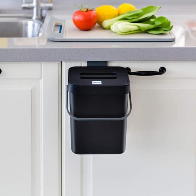 Jesintop Compost Bin for Kitchen Counter or Under Sink, Small Trash Can with Lid,1.3 Gallon Hanging Waste Bucket, Mountable Plastic Garbage Can Black