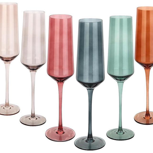 Colored Champagne Flutes Set of 6, Large 8 Oz Hand Blown Crystal Glasses, Lead-Free Colorful Glasses, Italian Style Tall Stemmed Glassware-Elegant Gift Box for Wedding, Party, Holidays, Birthdays