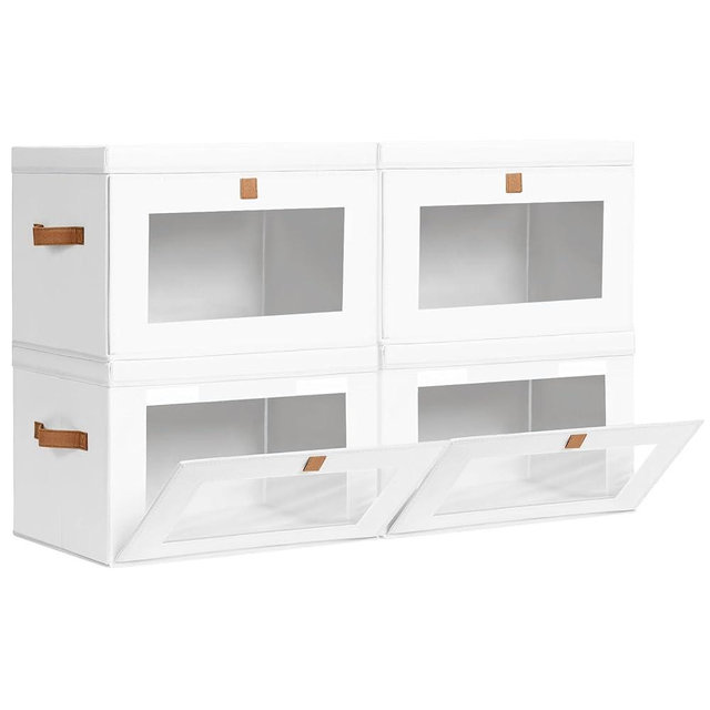 Homsorout Large Clothing Storage Bins - Collapsible Boxes with Handles & Window, Decorative Organizer Bins with Lids, Fabric Containers for Living Room, Dorm, 4 Pack, White