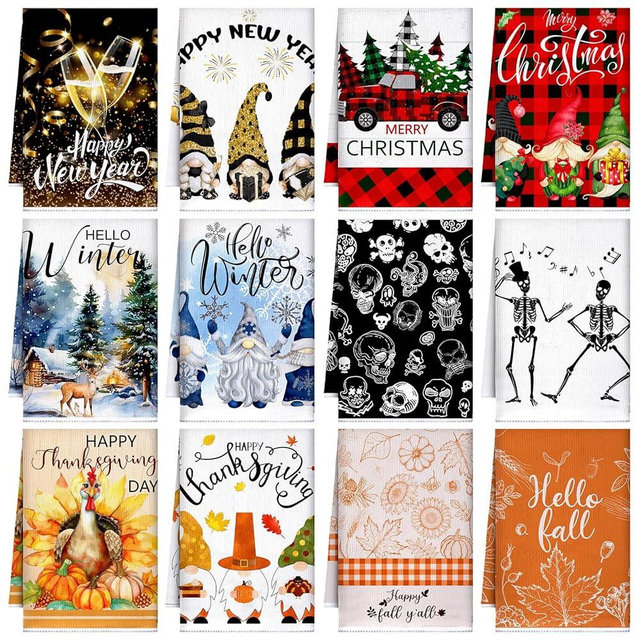 Bencailor 12 Pcs Holiday Kitchen Towels Seasonal Hand Towels Set Fall Winter Holiday Kitchen Decor