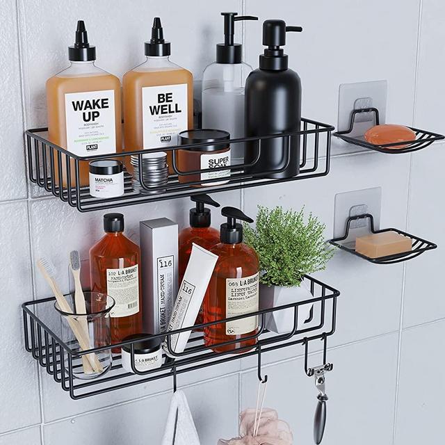 Shower Caddy Organizer Shelf 2 Pack with 2 Soap Holders, Adhesive Wall Mount Shower Basket Shelves with Hooks, No Drilling, Rustproof 304 Stainless Steel Storage Rack for Bathroom Kitchen, Black