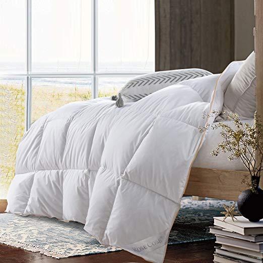 ROSECOSE Luxurious Lightweight Goose Down Comforter Queen Size Duvet Insert Solid White 1200 Thread Count 750+ Fill Power 100% Cotton Shell Hypo-allergenic Down Proof with Tabs (Queen,White)