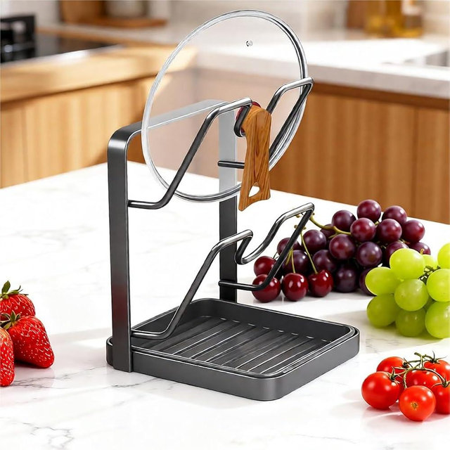 2026 Upgraded Kitchen Pot Lid Storage Rack, Multifunctional Pot Lid Organizer Rack, Lid Holder While Cooking, Lid And Spoon Rest, Thickened Carbon Steel Material (grey)
