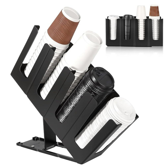 Sahasea Coffee Cup Holder, 4 Compartment K Cup Holder for Coffee Station Bar, Adjustable Cup Organizer for Countertop, 17" L x 4" W x 18.5" H Paper Holder for Restaurant, Breakroom, K Cup Shop, Black