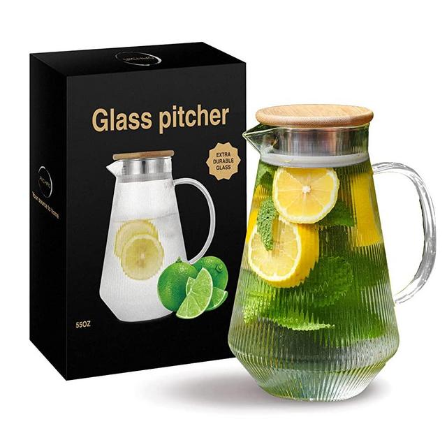 Richro Glass Pitcher with Lid - Elegant Glass Water Carafe with Lid - Durable & Sturdy Glass Water Pitcher - 55 Ounce Heat Resistant Glass Carafe for Hot/Cold Beverages, Coffee, Tea, Juices