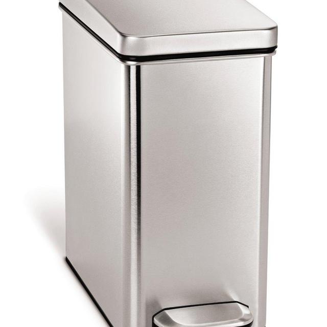 simplehuman 10 Liter / 2.6 Gallon Bathroom Slim Profile Trash Can, Brushed Stainless Steel, 2.6 gallons, White