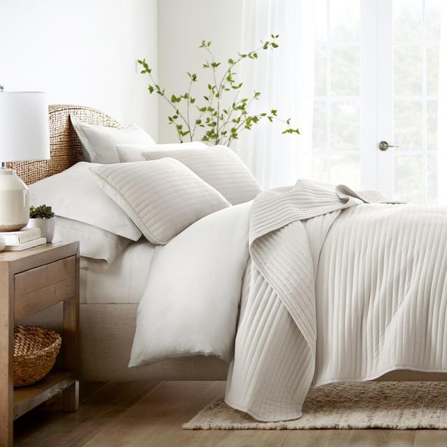Stripes Floral and Diamonds Quilted Coverlet Set With Shams - Becky Cameron, Full/Queen, Stripe Stitch / Natural