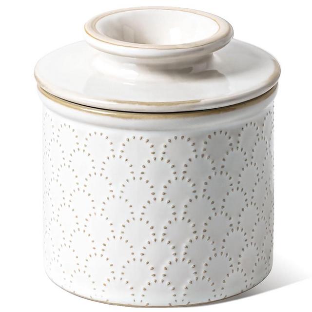 LE TAUCI Butter Crock Bell, Butter Dish with Lid, Butter Container for Counter with Water Line, Embossed French Butter Keeper for Spreadable Butter, Suit For Housewarming - Set of 1, Arctic White