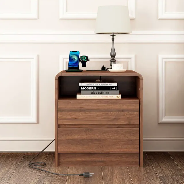 GDFStudio Reynolds Modern Bentwood Nightstand with Charging Station and Storage Drawers, Walnut