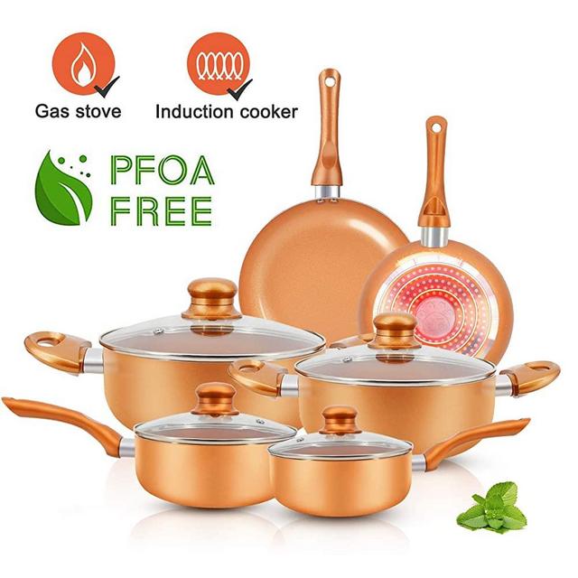 RUITEAM 10pcs Cookware Set Ceramic Nonstick Soup Pot/Milk Pot/Frying Pans Set | Copper Aluminum Pan with Lid, Induction Gas Compatible, 1 Year Warranty Mothers Day Gifts for Wife…