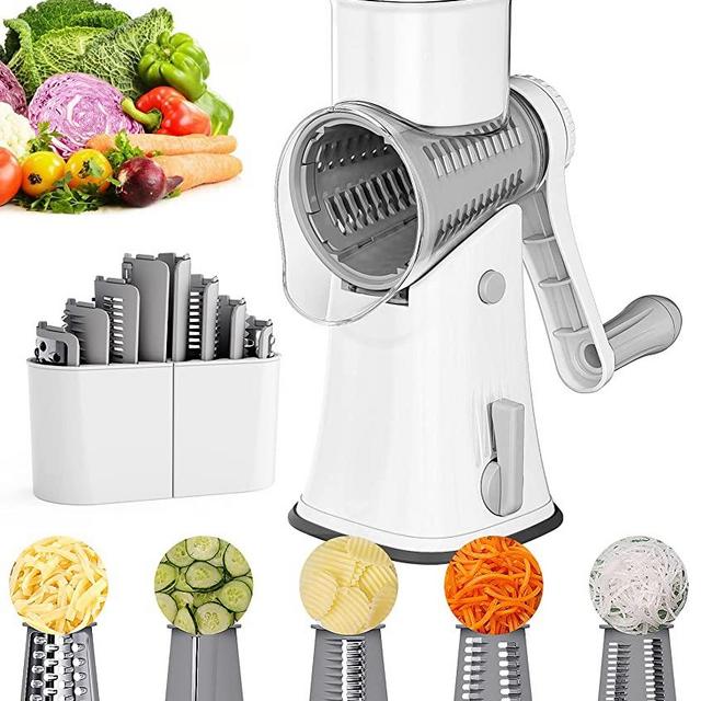 Ourokhome 5 Blade Rotary Grater - Manual Vegetable Grater Nut Grinder with Cleaning Brush and Peeler (White)