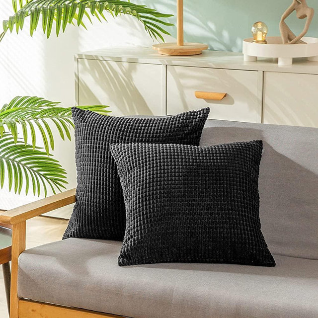 CaliTime Pack of 2 Comfy Throw Pillow Covers Cases for Couch Sofa Bed Decoration Comfortable Supersoft Corduroy Corn Striped Both Sides 18 X 18 Inches Black