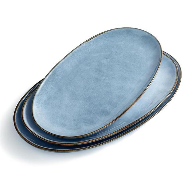 famiware Serving Platter, Oval 15.59/14.3/12.9inch Serving Dishes for Entertaining, Serving Bowls, Reactive Glaze, Stoneware Serving Trays for Party, Food, Turkey, Cheese, Ocean Series, Blue