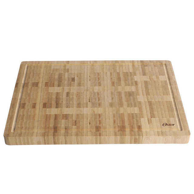Oster 16.5 x 11.8 Inch Rectangular End Grain Bamboo Cutting Board with Juice Grooves