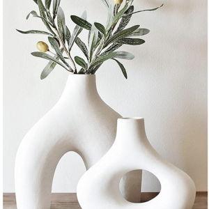 Carrot's Den Donut Vase, Set of 2 - White Large Ceramic Vase - Minimalist Nordic, Hollow | Table Centerpiece, Olive Plant, Wedding, Living Room, Bookshelf, Office, Modern Home, Entryway, Console