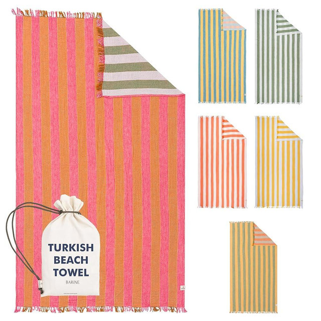 Barine Cabana Striped Gauze Turkish Beach Towel - Large 36 x 69 | Quick Dry Beach Towel Blends Retro Style with Everyday Beach Comfort | Sand Free Design for a Clean, Carefree Day in The Sun (Pink)