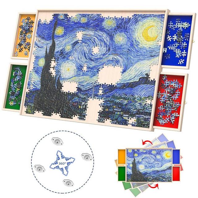 1500 Pieces Rotatable 360-Degree Wheels Puzzle Board with Drawers and Cover Lightweight Portable Wooden Puzzle Table for Adults Kids 35'' x 26''