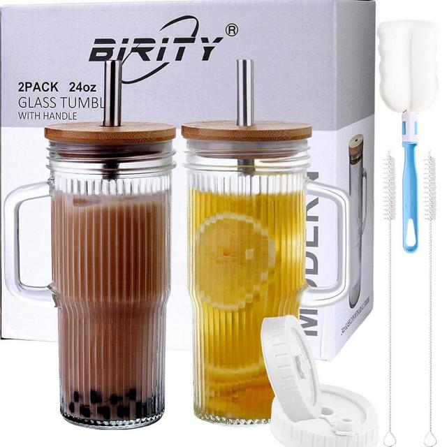 Birity 24oz Ribbed Glass Cup with Lids and Straws,2Pack Glass Tumbler with Handle,Reusable iced Coffee Cups,Wide Mouth Mason jar Cup for Smoothie,Iced Coffee,Fruit Juice,Soda Water,Tea,Travel Mug