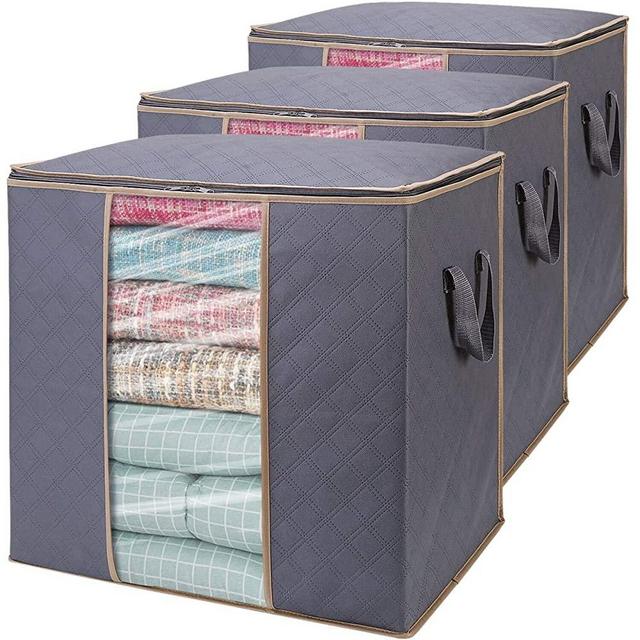 WiseLife Storage Bags 100L 3-Pack Large Blanket Clothes Organization and Storage Containers for Bedding, Comforters, Foldable Organizer with Reinforced Handle, Clear Window, Sturdy Zippers, Grey