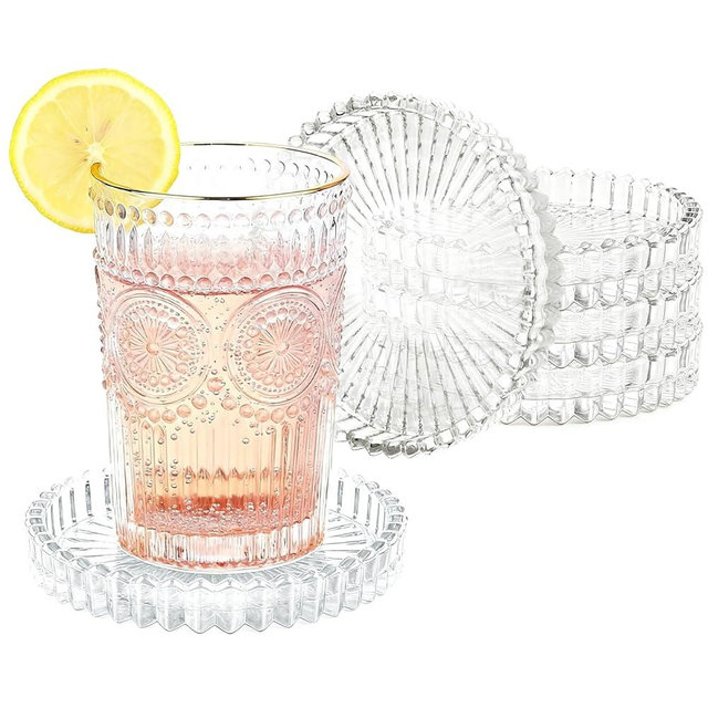 5 Pack Clear Glass Coaster for Drinks, Crystal Coasters Round Cup Coaster with Beads Edge, Coffee Table Decor for Restaurant bar Kitchen Dining Table (Transparent Color)