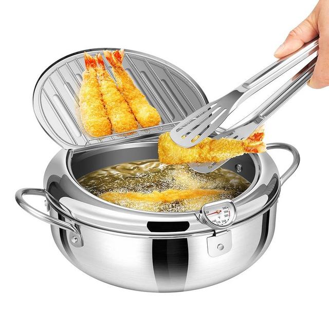 VIVOHOME 11 Inch 4.2 L 304 Stainless Steel Deep Fryer Pot with Tong, Tempura Fryer Pan with Thermometer for Chicken, Fish, French Fries, Shrimp