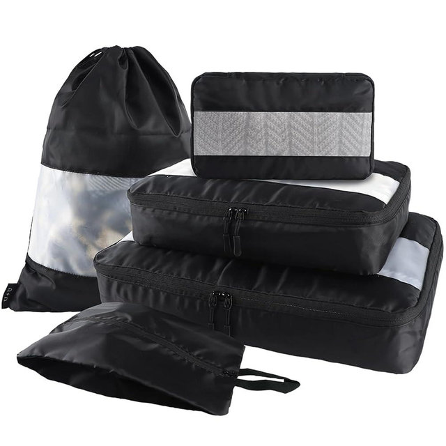 U+U 5 Set Packing Cubes for Travel Essentials Ultralight Luggage Packing Organizers with Laundry Bag and Shoe Bag for Vacation, Business Trip and Camping (Black)