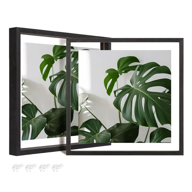 Egofine 12x12 Floating Frames Set of 2, Double Glass Picture Frame, Made of Solid Wood Display Any Size Photo up to 12x12, Wall Mount or Tabletop Standing,Black