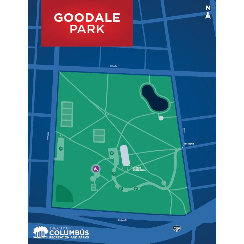 Map of Goodale Park. The white circle is the gazebo