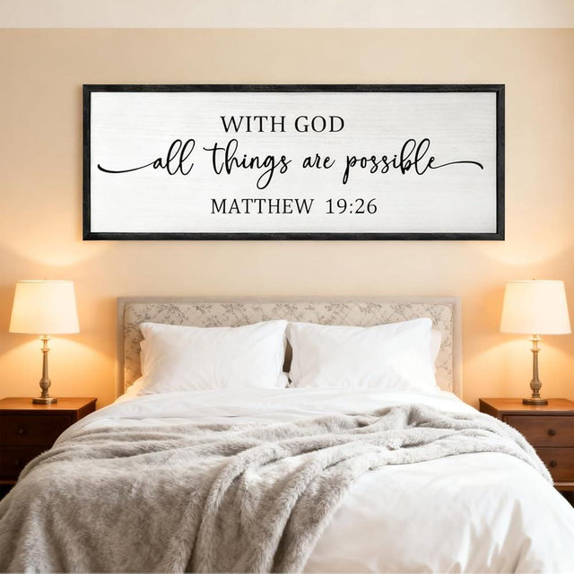 With God All Things are Possible Framed Wall Art, 40''×15'' Positive Holy Religious Rustic Bible Verse for Christian God Jesus Christ Prayer, Vintage Horizontal Inspirational Catholic Scripture Decor