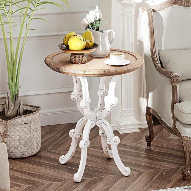 LONYKE Rustic Accent End Table, Farmhouse Side Table with Natural Top for Family, Dining or Living Room, Handcrafted Finish, White