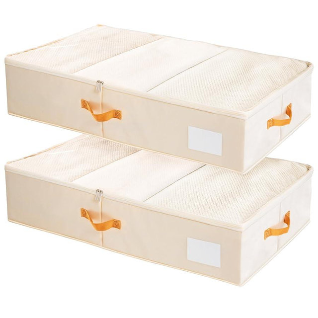 Criusia Under Bed Storage Bins with Clear PVC Lids – 2 Pack Large Underbed Organizers with Heavy-Duty Handles, Reinforced with 800G PP Panels & 80G Non-Woven Fabric – Waterproof & Foldable, Beige