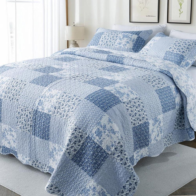 GOONE King Quilt Set 104x90 Inches, Blue Floral Boho Bedspread Farmhouse Quilting Bedding Set, Lightweight Washed Coverlet Set, Reversible Bed Cover, Quilt King Size with 2 Pillow Shams All-Season