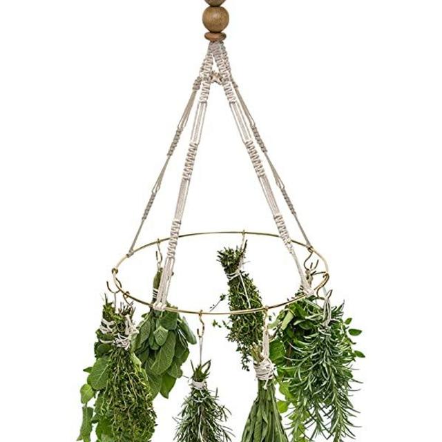 Hikiti Hanging Drying Rack for Herbs - Handmade Macrame Mobile Hanger for herb and Flower Drying - Boho Kitchen Decor for Your Sustainable Kitchen - Arrives Ready to Hang + 8 Herb Dryer Hooks.