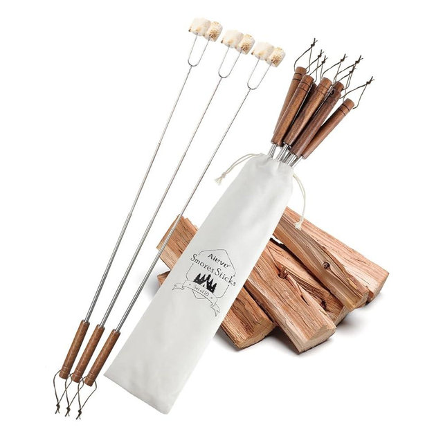 AIEVE 10 Pcs Marshmallow Roasting Sticks, Smores Sticks for Fire Pit, Extendable Stainless Steel Smores Sticks Skewers with Walnut Handle for Campfire
