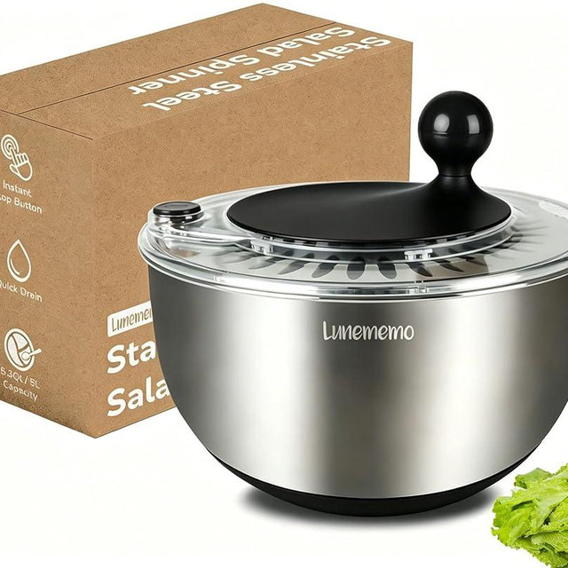 Lunememo Stainless Steel Salad Spinner, Lettuce Spinner with Drain, Non-Slip Base, Stop Button, Vegetable Dryer, BPA Free, 5.3 Qt, Black