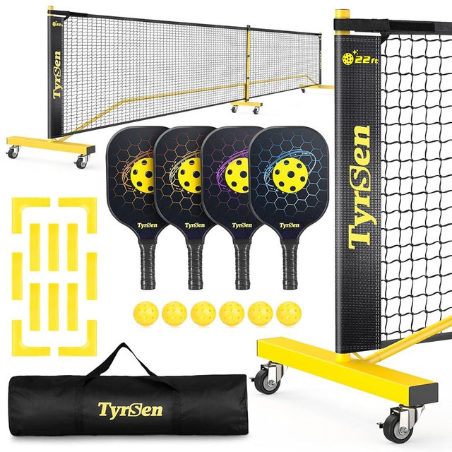 TYRSEN Pickleball Net Set - 22 FT Pickleball Net Regulation Full Size for Driveway Backyard, 4 Pickleball Paddles & 6 Pickle Balls, Portable Pickle Ball Net System with Weather Resistant Metal Frame