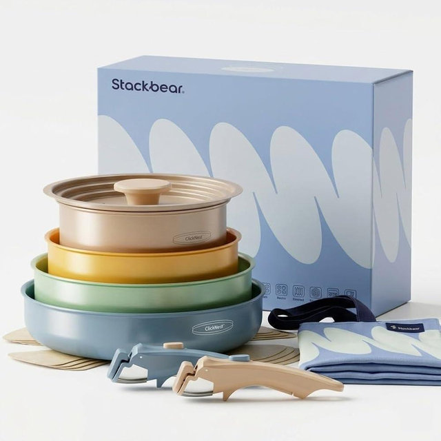 Stackbear Ceramic Cookware Set, Detachable Handle Pots and Pans Non Stick, 12-Piece Camping Cooking Set Nonstick with Storage Bag, Anti-Scratch Pads, PFOA Free, RV Camping Essentials