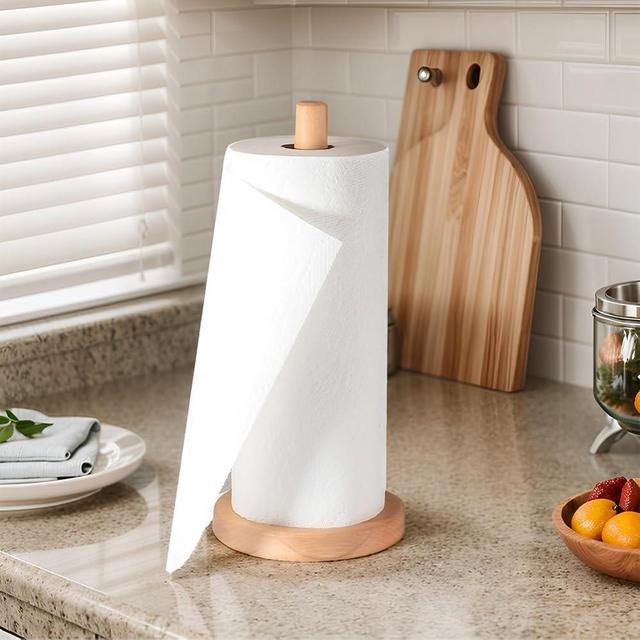 DORNELIA Paper Towel Holder Wooden, Wooden Paper Towel Holder Countertop, Solid Beechwood Paper Towel Dispenser Stand with Anti-Skid Base (Round)