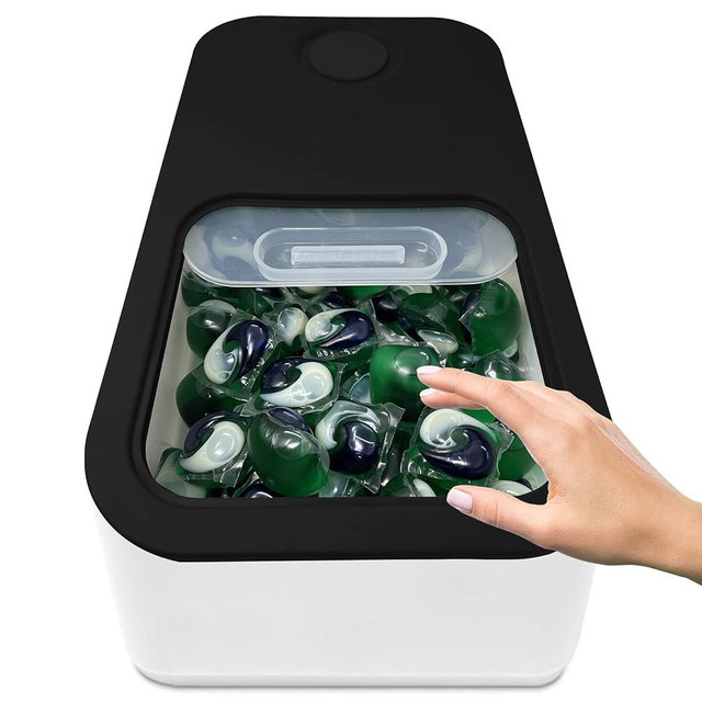 Skywin-Laundry Pod Holder with Slide Lid (Black) - 15”x8.7”x4.5”- Laundry Pod Container, Holds 11 Pounds, Fits 2 Bottles of Laundry Detergent or 120-150 Pods- Laundry Dishwasher Pod Container