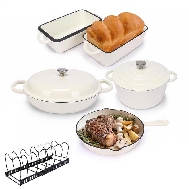 Hisencn Enameled Cast Iron Cookware Set - 7 Piece Ceramic Coated Cast Iron Cookware Set, Dutch Oven, Casserole, Skillet, Bread Loaf Pan, 2 Lids, Pot storage rack, Gas/Induction, PFA-Free, Cream White